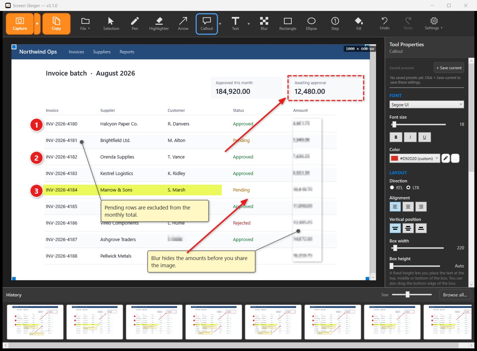 The Screen Slinger editor window: toolbar with capture and annotation tools, an annotated screen with steps, arrows and callouts, the tool properties panel, and the history strip
