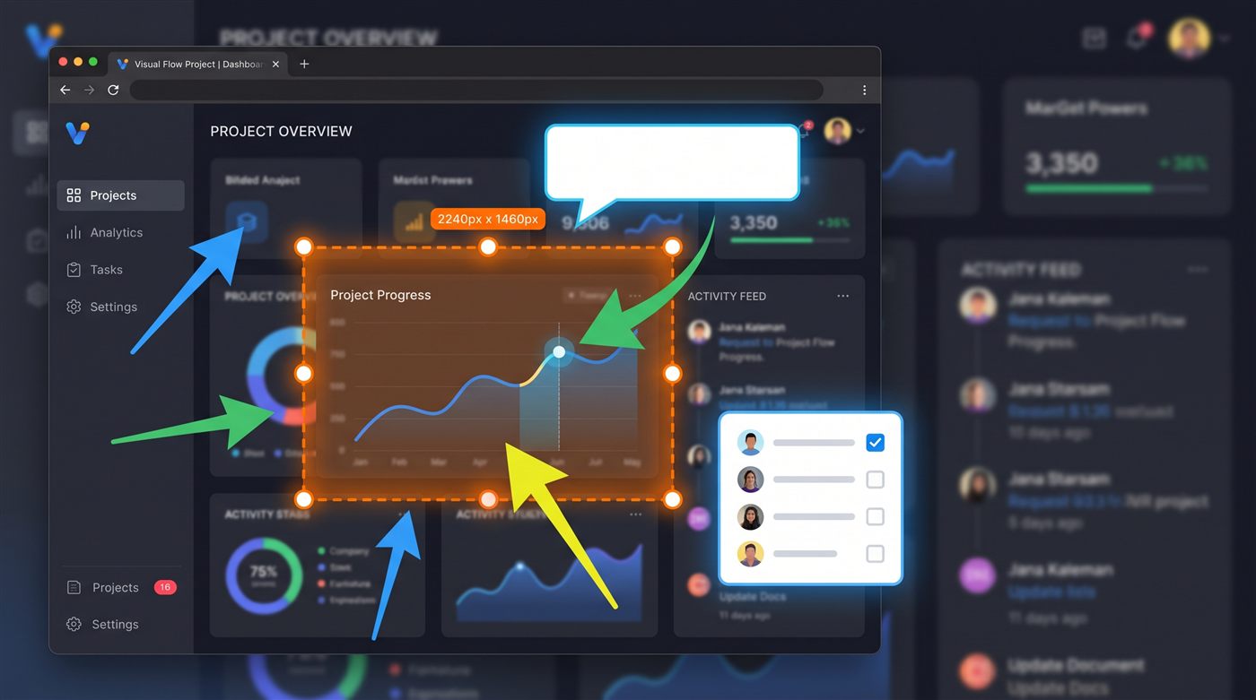 Screen Slinger capturing a dashboard: a selection frame with size badge, colorful arrows, a callout bubble and a checklist overlay